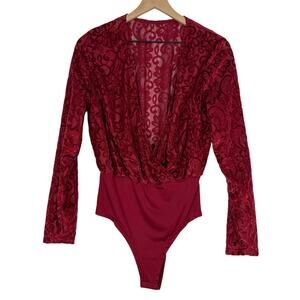 Velvet Burnout Bodysuit M Red Floral Lace Plunge V-Neck Long Sleeve Whimsygoth